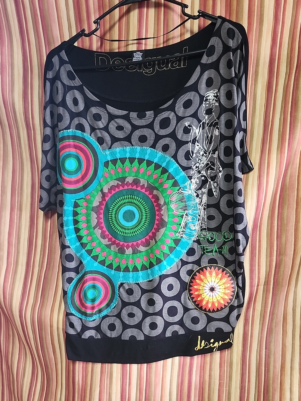 Desigual Black Top with Teal, Pink and Green Mandala Circles